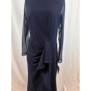 Betsy & Adam Navy Blue Mesh Sleeve Ruffle Front Slit Gown Dress Size 12 NEW